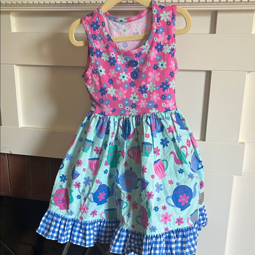 Girls Eleanor Rose Rhonda Tank Dress Teapots Size 4-5